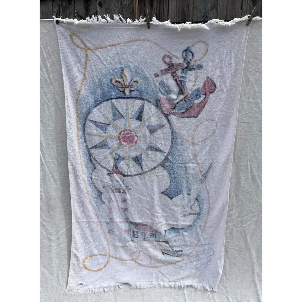 Cannon Light House Beach Towel Anchors Compass Boats All Cotton Terry 53x34 VTG